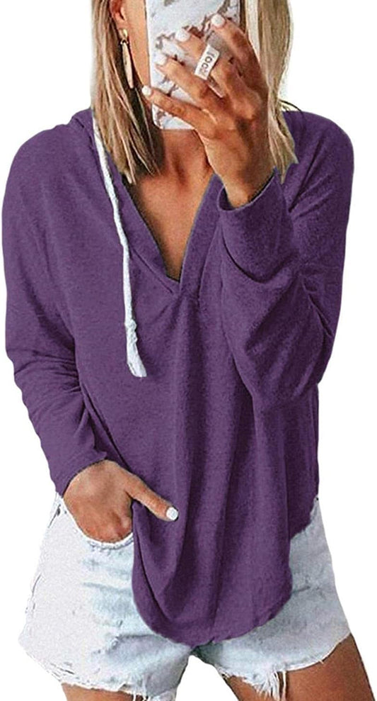 Womens Long Sleeve V Neck Hoodie Sweatshirts Lightweight Pullover Tops