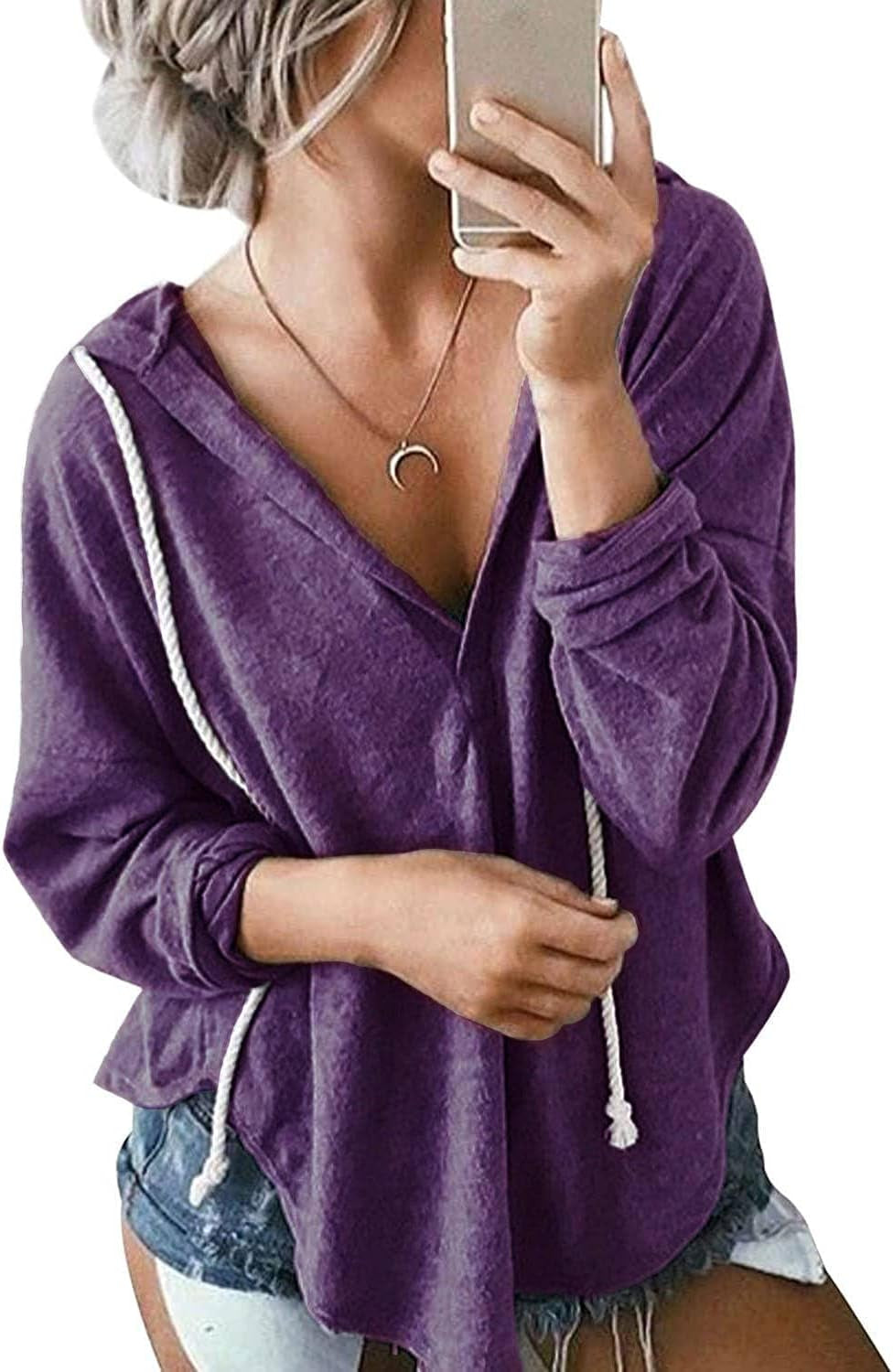 Womens Long Sleeve V Neck Hoodie Sweatshirts Lightweight Pullover Tops